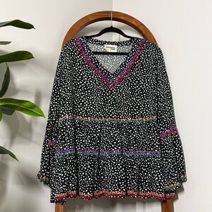 Savanna Jane 2X Black Polka Dot Long Bell Flare Sleeve V Neck Blouse Top